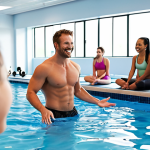 **Image Prompt:** A bright, modern fitness studio with a swimming pool. A smiling freelance swimming coach is giving instructions to a diverse group of adults during a swimming lesson. Focus on positive energy and professionalism. The scene includes typical fitness equipment.
