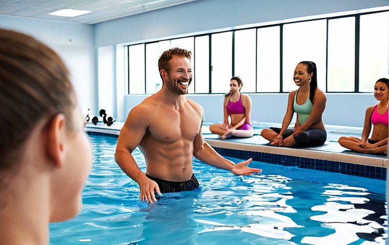**Image Prompt:** A bright, modern fitness studio with a swimming pool. A smiling freelance swimming coach is giving instructions to a diverse group of adults during a swimming lesson. Focus on positive energy and professionalism. The scene includes typical fitness equipment.