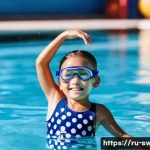 수영강사 실패 사례 공유 - **Prompt:** A young child, approximately 6-8 years old, wearing a vibrant blue and red swimsuit, flo...