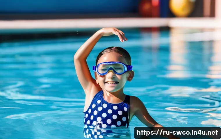 수영강사 실패 사례 공유 - **Prompt:** A young child, approximately 6-8 years old, wearing a vibrant blue and red swimsuit, flo...